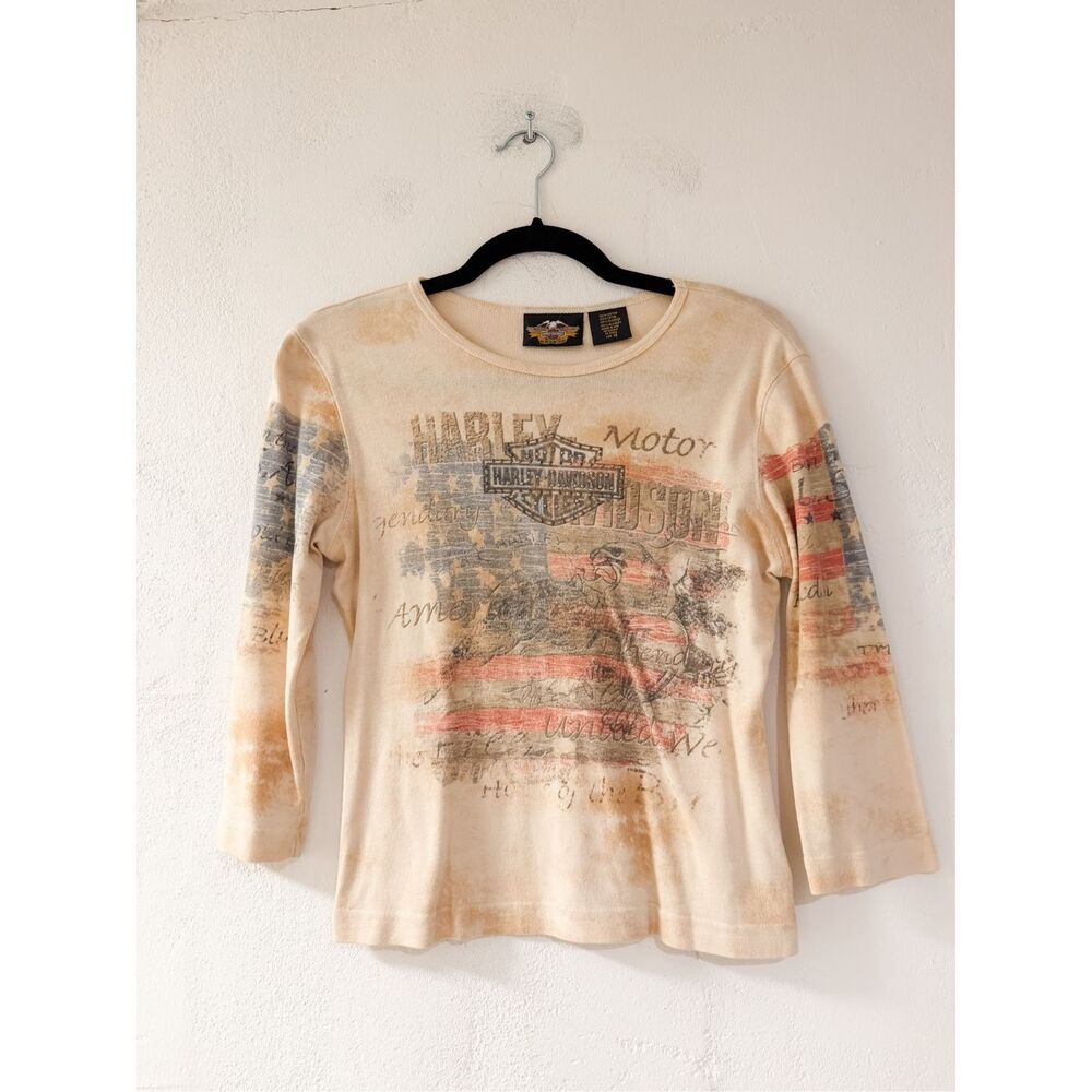 Harley Davidson Vintage Flag Cotton Top in Beige Medium